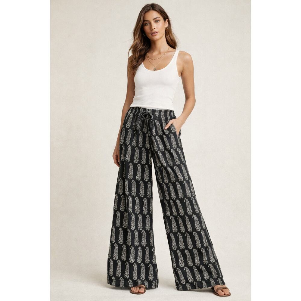 Denim & Supply Ralph Lauren Palazzo Pants Sz L Black Paisley Feather Cotton